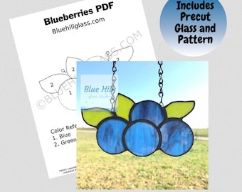 Blueberries Stained Glass Precut Glass and Pattern - Stained Glass DIY - Blueberry - Not a completed project glass pieces and pattern only