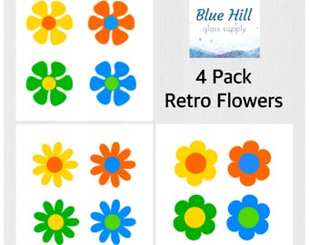 Retro Flowers 4 Pack Fusible Glass Precut - 96 COE - 90 COE - For fused glass - Stained Glass - Mosaic Art - Spring Precut Pack