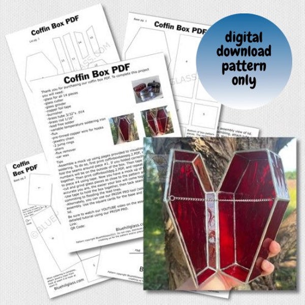 Coffin Box Stained Glass Pattern PDF - Digital Download Glass Pattern - Intermediate to Advanced Pattern - Halloween DIY - Jewelry Box