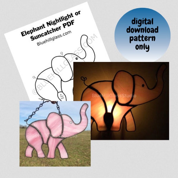 Elephant Stained Glass Pattern  - Stained Glass DIY - Beginner Stained Glass Patterns - Easy Glass Pattern - Night Light or Sun Catcher