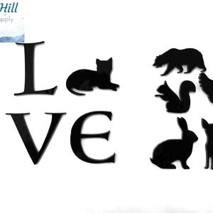 Letras precortadas de vidrio celta LOVE con animales: elija gato, ardilla, oso, pollo, conejo o perro, letras precortadas para mosaicos, vidrio fusionado
