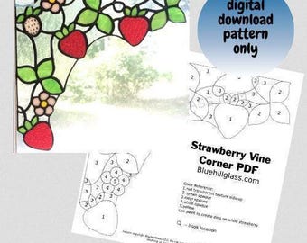 Strawberry Vine Corner Stained Glass Pattern - Digital Download PDF - Fruit Stained Glass Patterns - Strawberries Stained Glass Pattern