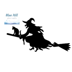 Witch Flying on a Broom with Cat Fusible Glass Precut - 96 COE - Halloween Precut -fused glass - Stained Glass - Ugly Witch