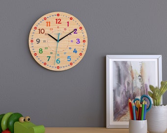 Cander Berlin MNU 7930 A Kinderwanduhr Holz lautlos 30,5 cm geräuschlos MDF Lernuhr Lernzifferblatt Kinderzimmer analog bunt farbenfroh