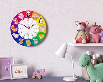 Cander Berlin MNU 7930 T Reloj de pared para niños Silencioso 30.5 cm Silencioso MDF Reloj de aprendizaje Dial de aprendizaje Sala de niños Analógico Animales coloridos