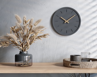 Cander Berlin MNU 2530 Une horloge murale silencieusement sans tic-tac 30 cm analogique salon moderne vintage gris foncé anthracite aiguilles en bois