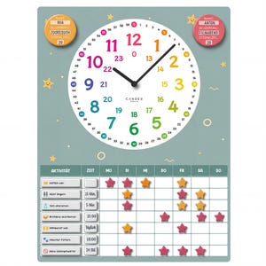 Könnte beinhalten: Türkisfarbene Kinder-Aktivitätstafel mit großem Ziffernblatt und Wochenplan. Die Uhr hat bunte Zahlen und Zeiger. Die Tafel enthält Abschnitte für Aktivitäten und ein Belohnungssystem mit Sternsymbolen.