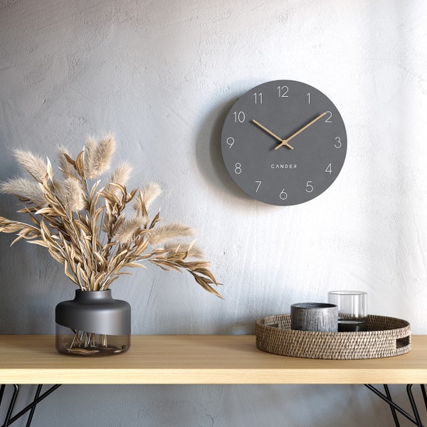 Cander Berlin MNU 2630 A Wall Clock MDF silent noiseless 30 cm wooden hands analog modern vintage grey anthracite