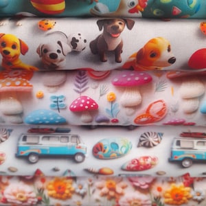 May include: Stack of five fabric panels with different colourful patterns. The top panel features a blue background with a green bird, a yellow and red egg, and a white chicken. The second panel features a white background with a brown dog, a white dog, and a yellow dog. The third panel features a white background with pink and blue mushrooms and green leaves. The fourth panel features a white background with a blue van, a colourful egg, and a white van. The bottom panel features a blue background with a green dinosaur, an orange dinosaur, and a white dinosaur.