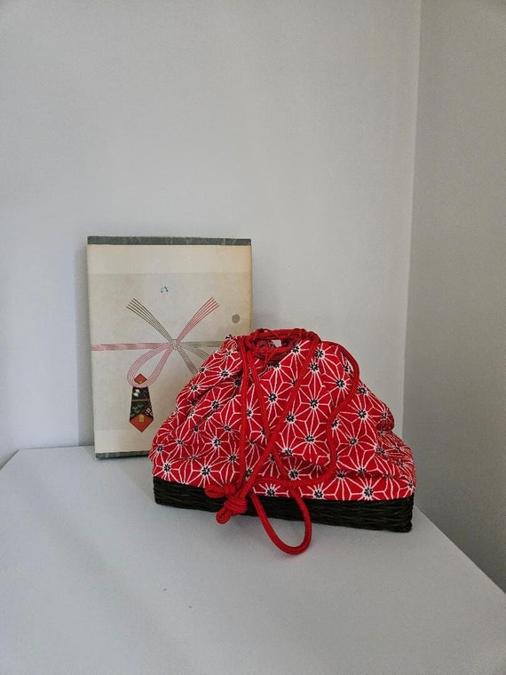 Vintage Rayon Takekago with Bamboo Basket, Red and