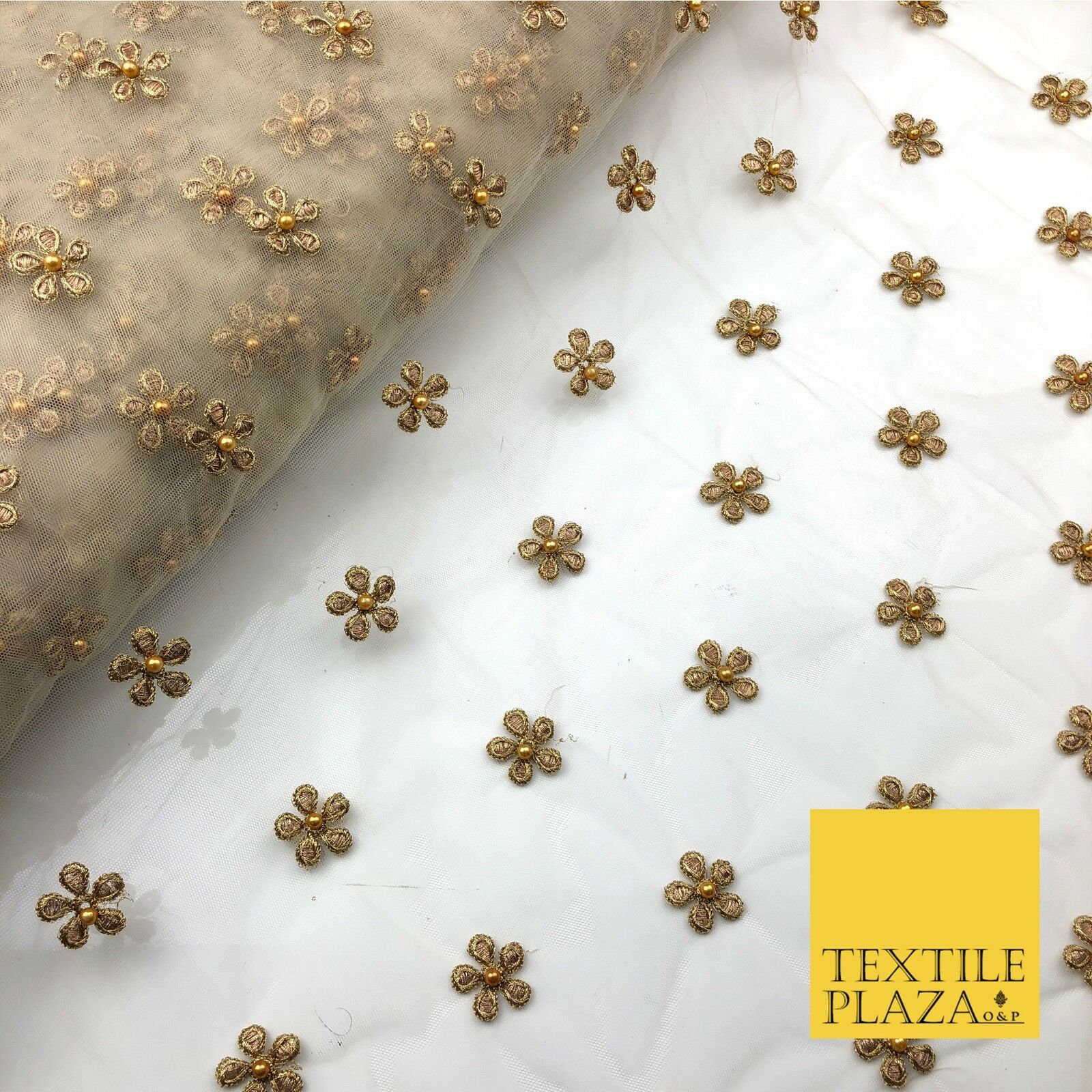 Light Stone Small Gold Pearl Flower Threadwork Antique Fancy Net Fabric  Jb295 -  Canada