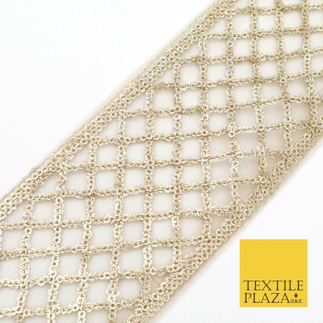 Gold Large Check Lattice Glitter Sequin Trimming Netborder Lace Ethnic ...