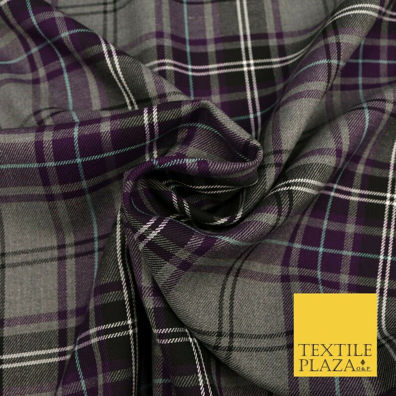 Grey Purple Tartan Check Polyester Viscose Fabric 58 Etsy UK