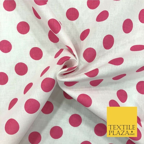 White with cerise pink polka dot spotted 100% cotton fabric dress craft rc362