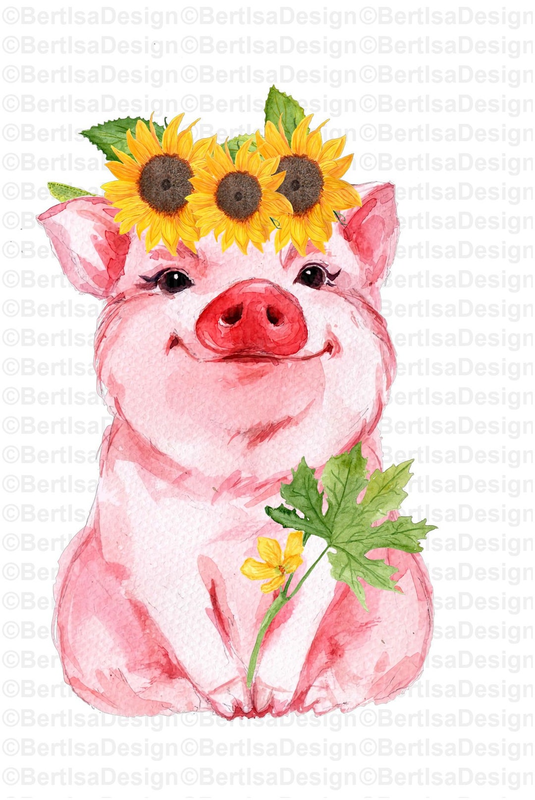 Watercolor Pig With Sunflowers/ Pig Sublimation Design/ PNG Etsy