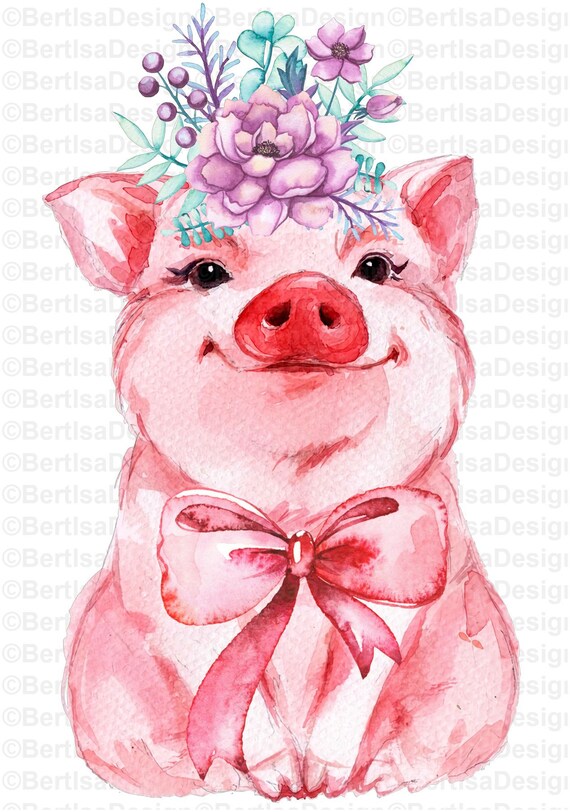 Download Art Collectibles Clip Art Pig Illustration Digital Clipart Watercolor Pig With Flowers Sunglasses Floral Wreath Png
