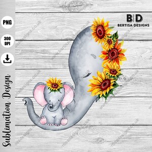 Sunflower Elephant Clipart, Mother and Baby Elephant, PNG Sublimation Design, Watercolor baby elephant, Floral Clipart, Digital Download