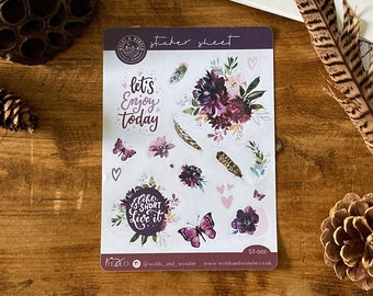 A6 Botanical Burgundy Purple Feather Country Sticker Sheet/Journal/Planners