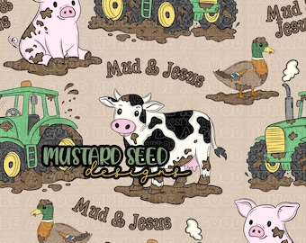 Mud Jesus Green Tractor Farm Animals Faith Christian Seamless File Design