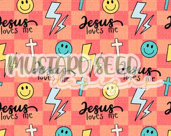 Jesus Loves Me Checkered Neon Orange Blue Summer Swim Boys Faith Christian Seamless File Design