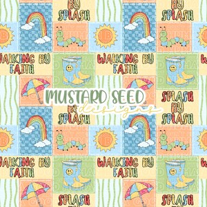 May include: A colorful, repeating pattern featuring rainbows, caterpillars, suns, umbrellas, and rain boots. The words "Walking by Faith" and "Splash" are also included in the design. The background is a light green with vertical stripes.