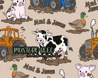 Mud Jesus Blue Orange Tractor Farm Animals Faith Christian Seamless File Design