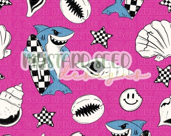 Respect The Locals Shark Grunge Checker Shells Beach Hot Pink Swim Safe Faith Christian Seamless File Design