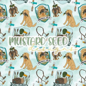 May include: A light blue patterned design featuring illustrations of ducks, dogs, and hunting accessories. The design includes the text "Romans 10:13" and "Mustard Seed Designs".