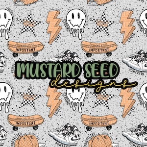 May include: A repeating pattern on a speckled grey background, featuring smiley faces, stars with checkerboard patterns, lightning bolts, skateboards with "IMPORTANT", and trainers. The text "MUSTARD SEED designs" is also present. The design has a youthful, urban feel.