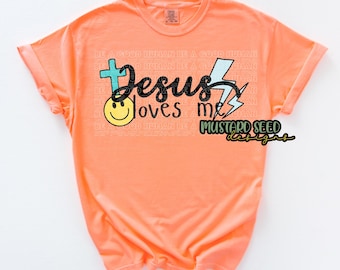 Jesus Loves Me Checkered Neon Orange Blue Summer Swim Boys Faith Christian PNG Tshirt File Design