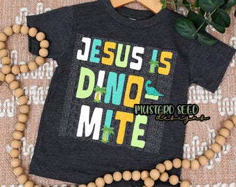 Jesus is Dino Mite Patchwork Neon Blue Green Faith Christian PNG Tshirt File Design