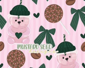 Bearista Roze Drankje Aardbei Koffie Cup Cake Pop Valentijn Strepen Harten Naadloos Bestandsontwerp