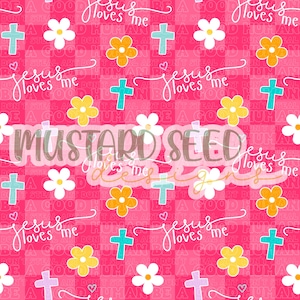 May include: A pink patterned design featuring the text "Jesus loves me", crosses, and flowers. The words "Mustard Seed Designs" are also visible. The background includes the words "Don't steal art" and "Be a good human".