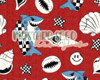 Respect The Locals Shark Grunge Checker Shells Beach Red Swim Safe Faith Christian Seamless File Design