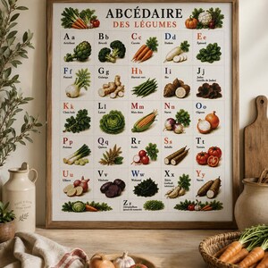 Peut inclure: Une affiche murale éducative encadrée intitulée ABCÉDAIRE DES LÉGUMES présentant une grille de légumes organisée par ordre alphabétique de A à Z. Chaque lettre est associée à une illustration de légume et son nom en texte noir.