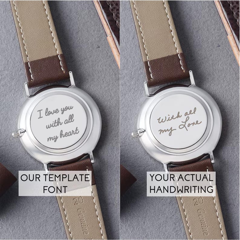 Two wristwatches with brown leather straps displayed, showcasing the difference between a template font I love you with all my heart and a customized handwriting engraving With all my Love
