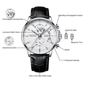 May include: A silver-toned men's wristwatch with a white face and black leather band. The watch features a chronograph function, a date window, and a luminous watch hand. The watch face also includes the text "MINUTESTRY 30M WATER" and "SWISS DESIGN".