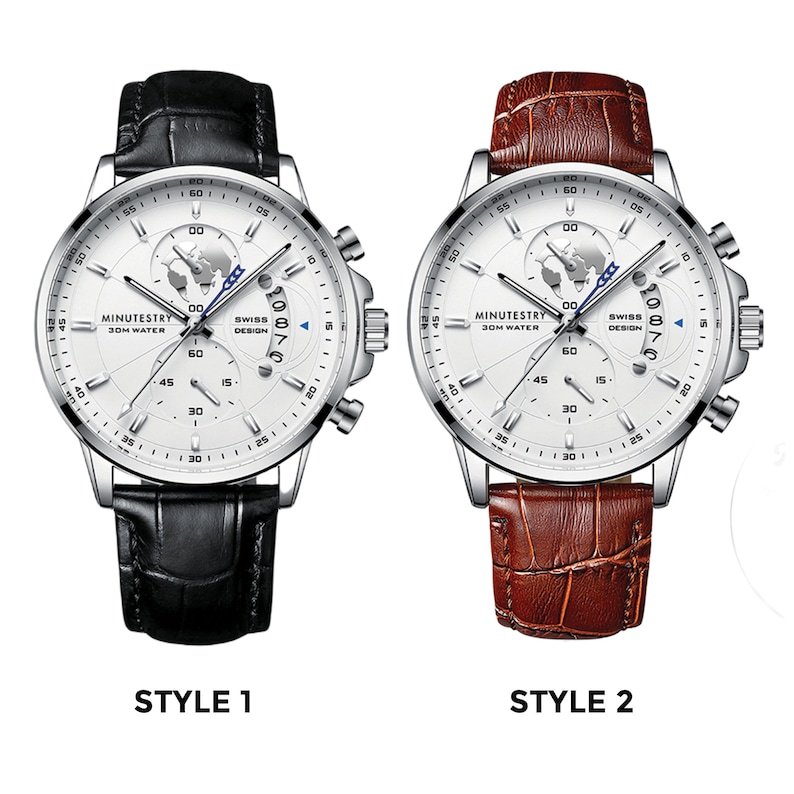 May include: Two silver-toned wristwatches with white faces and black and brown leather bands. Both watches feature a world map design, chronograph functions, and the text "MINUTESTRY 30M WATER" and "SWISS DESIGN".