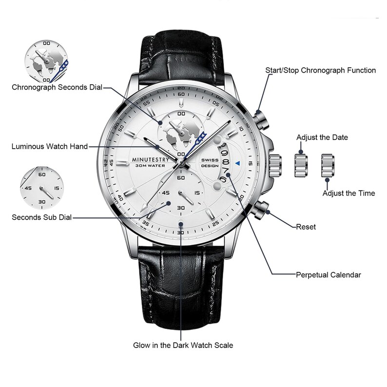 May include: A silver-toned men's wristwatch with a white face and black leather band. The watch features a chronograph function, a date window, and a luminous watch hand. The watch face also includes the text "MINUTESTRY 30M WATER" and "SWISS DESIGN".