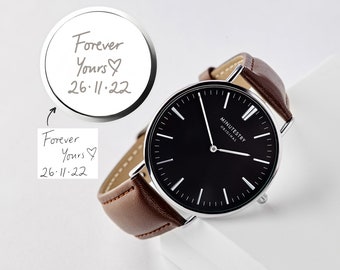 Regalo de aniversario de novio, reloj de escritura a mano, relojes grabados para hombres, regalo de boda para él, regalo de escritura personalizado para hombres