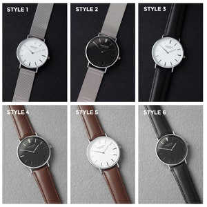 Six different styles of watches with various strap options including leather and mesh