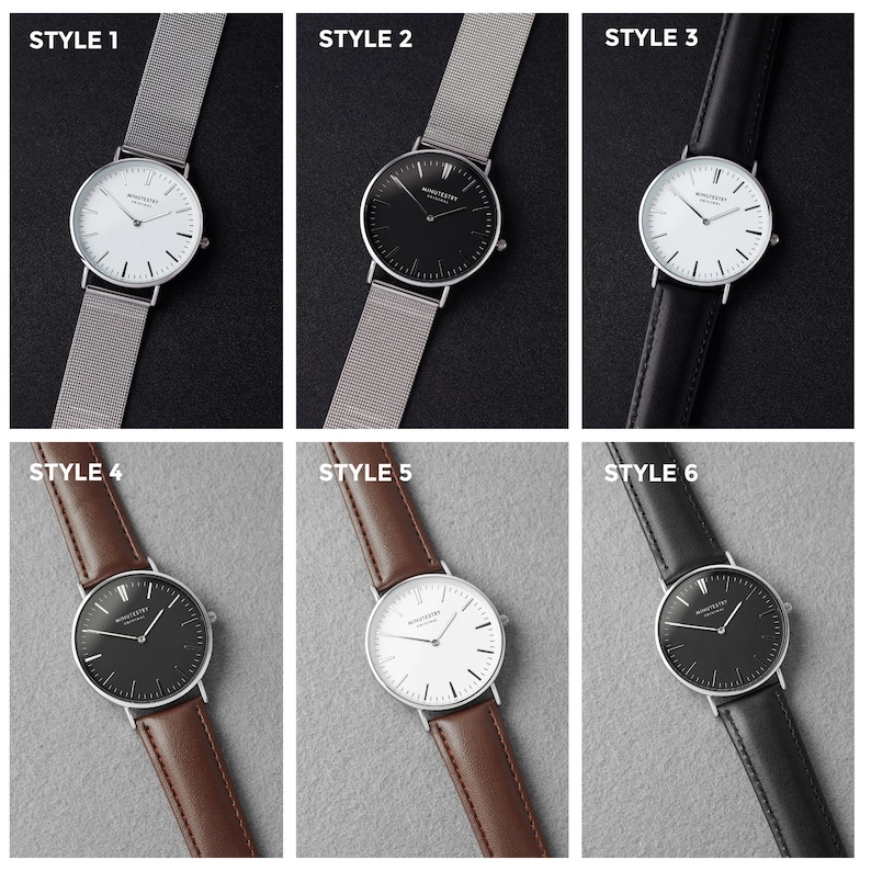 Six different styles of watches with various strap options including leather and mesh