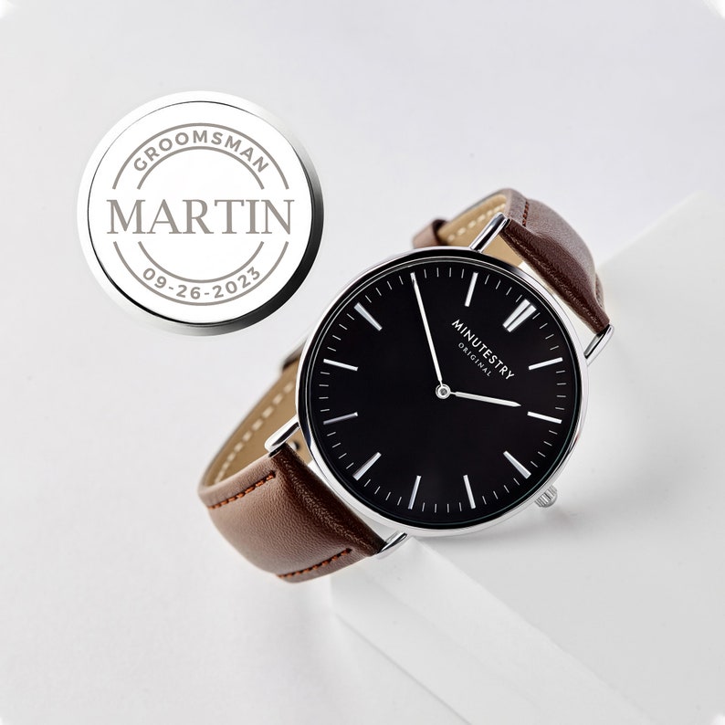 Classic black dial watch with brown leather strap and personalized engraving for groomsman Martin 09.26.2023