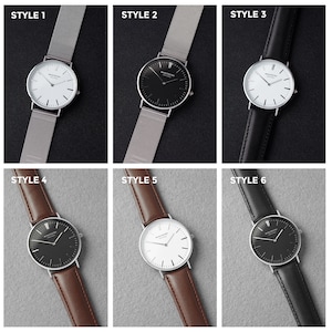 Six different styles of watches with various strap options including leather and mesh