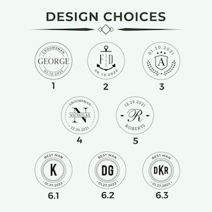 May include: A set of nine different designs for personalized stamps. Each design features a different initial, date, and title, such as "Groomman", "Best Man", and "Roberts".