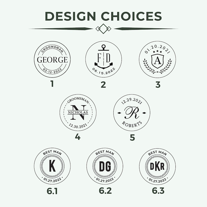 May include: A set of nine different designs for personalized stamps. Each design features a different initial, date, and title, such as "Groomman", "Best Man", and "Roberts".