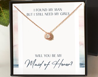 Bridesmaid Proposal, Bridesmaid Necklace Gift, CZ Halo Necklace, Maid of Honour Gift, Halo Bridal Necklace, Wedding Jewelry, Gift for Her