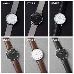 Six different styles of watches with various strap options including leather and mesh