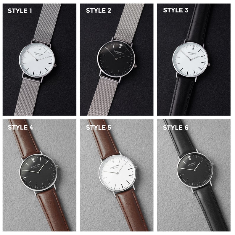 Six different styles of watches with various strap options including leather and mesh