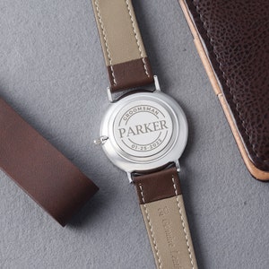 Engraved watch for groomsman Parker with a brown leather strap and custom inscription